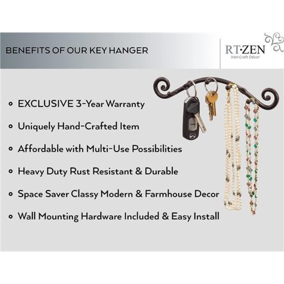 Farmhouse Small Key Holder for Wall - Handcrafted Swirl Decorative 5 Key Hooks - Picture 2 of 7